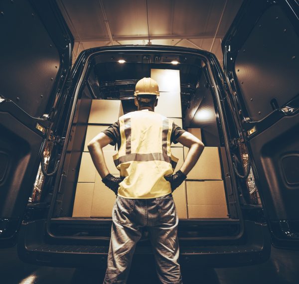 Cargo Van Delivery. Rear Cargo Doors Reloading. Construction Guy Talking Care of Fresh Supplies Delivery. Large Cargo Van with Many Cardboard  Boxes Waiting For Reload.